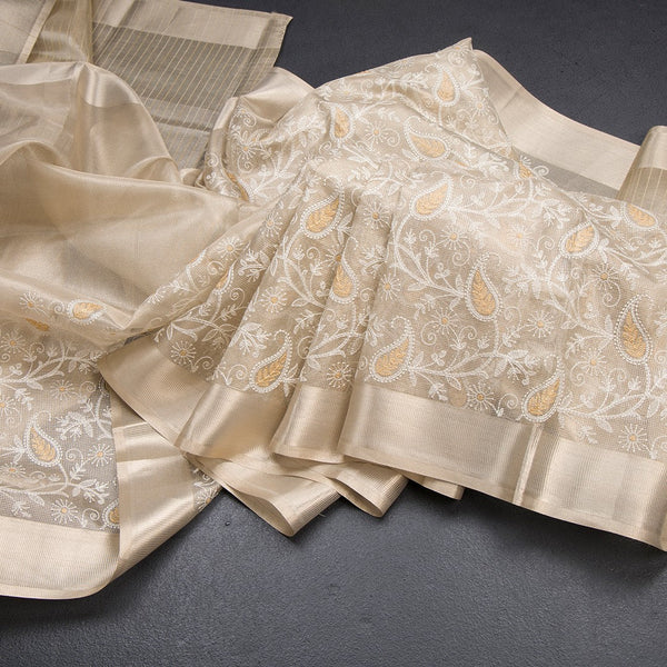 Tissue Kota Cream Thread Work Saree With Zari Border