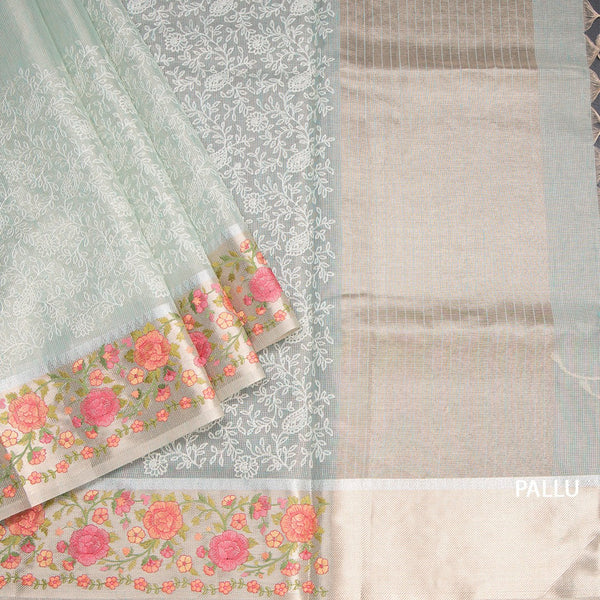 Kota Light Green Thread Work Saree With Floral Border