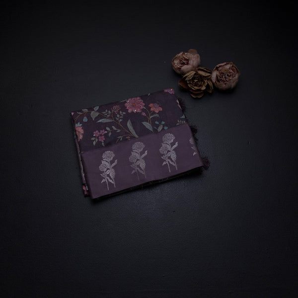 Tussar Plum Purple Floral Printed With Thread Work Saree