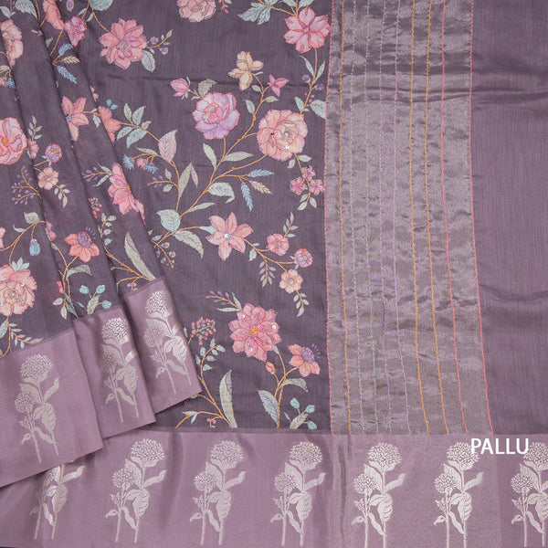 Tussar Plum Purple Floral Printed With Thread Work Saree