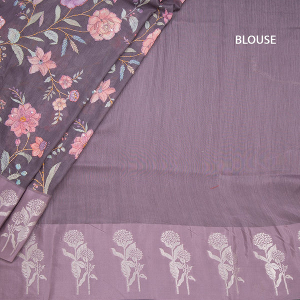 Tussar Plum Purple Floral Printed With Thread Work Saree