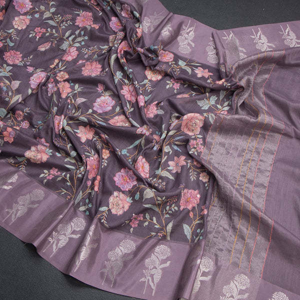 Tussar Plum Purple Floral Printed With Thread Work Saree