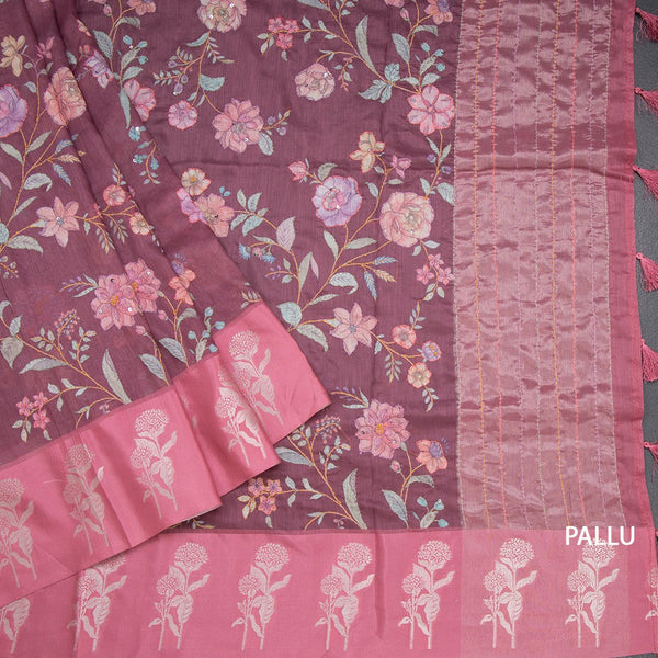 Tussar Light Maroon Floral Printed With Thread Work Saree