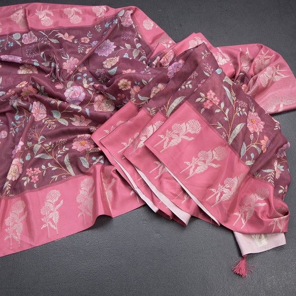 Tussar Light Maroon Floral Printed With Thread Work Saree