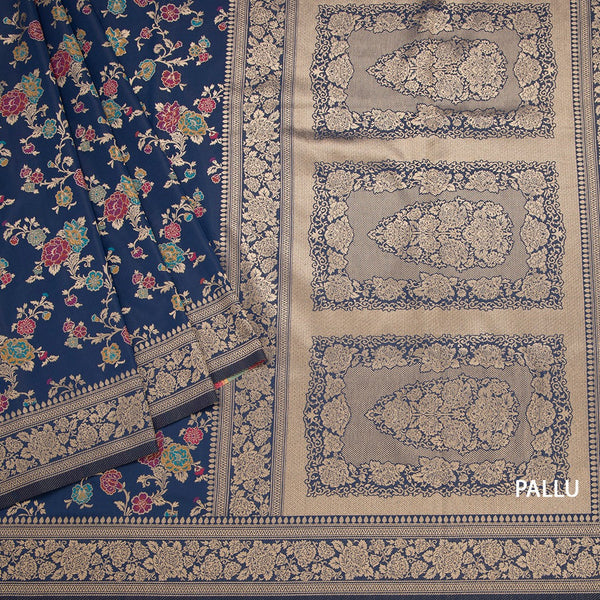 Banaras Navy Blue Floral Zari Worked Saree