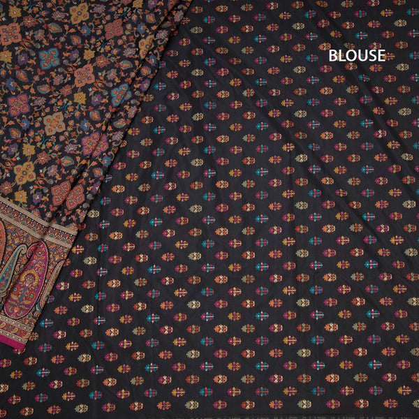 Raw Silk Black Floral Printed Saree With Paisley Border