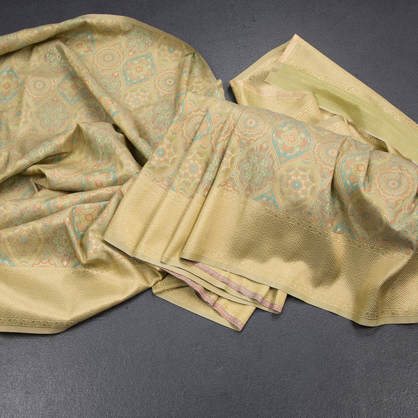 Banaras Pista Green Printed With Zari Work Saree