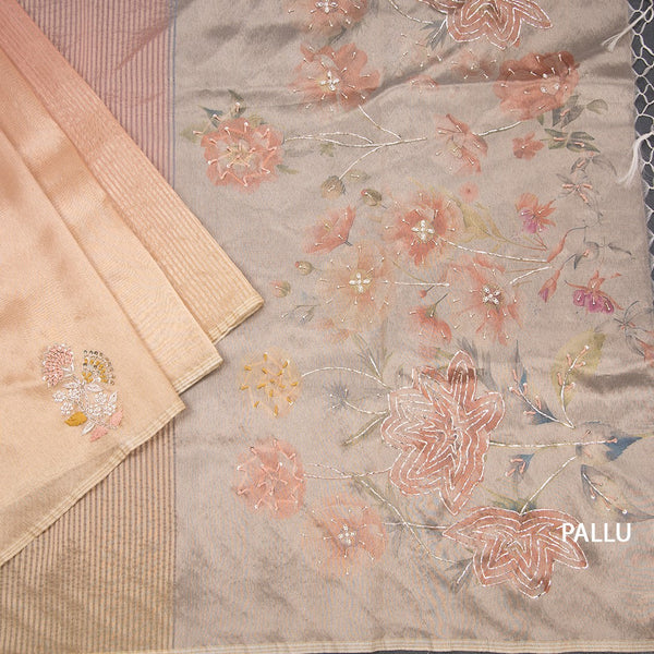 Organza Multi Colour Zari Stripes With Thread Work Saree 02