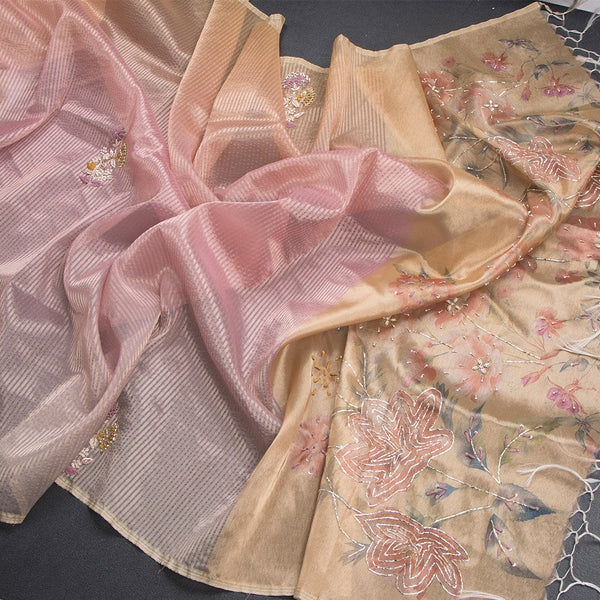 Organza Multi Colour Zari Stripes With Thread Work Saree 03