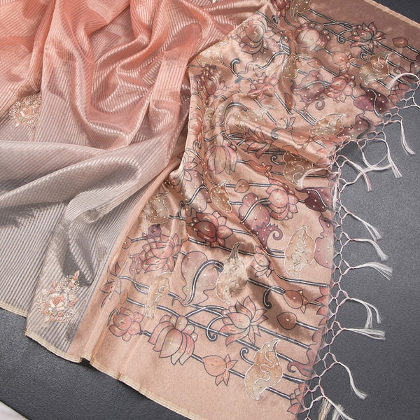 Organza Multi Colour Zari Stripes With Thread Work Saree 07