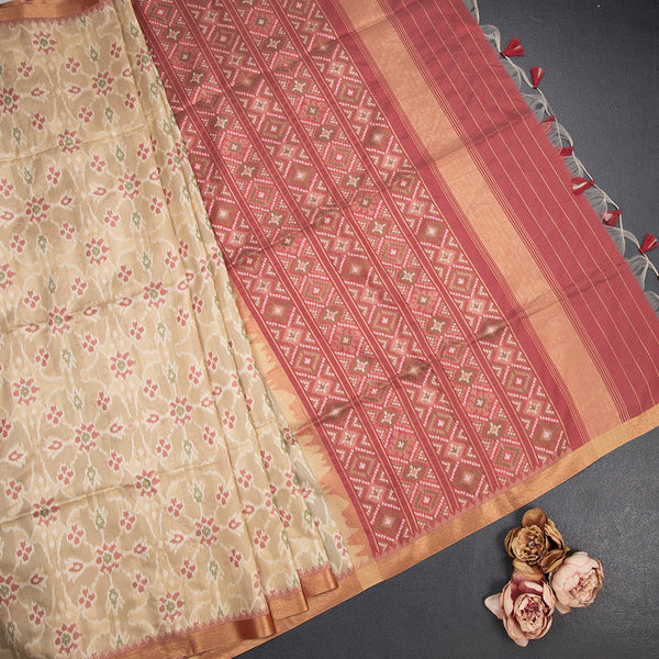 Raw Silk Cream Floral Printed Saree