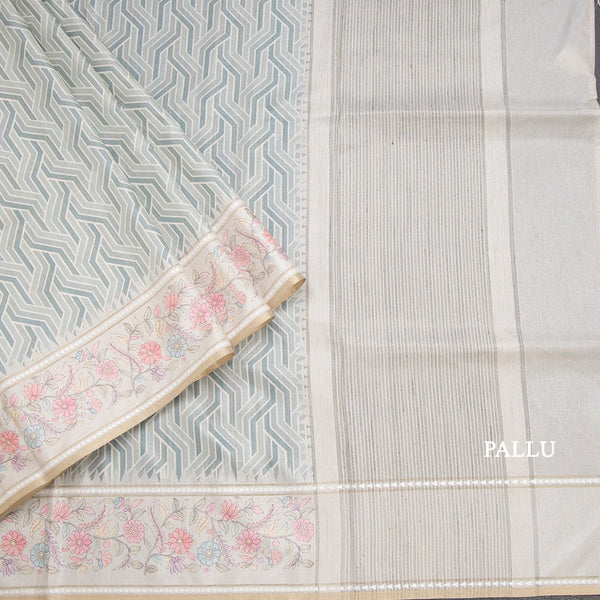 Raw Silk Green Printed Saree With Floral Border