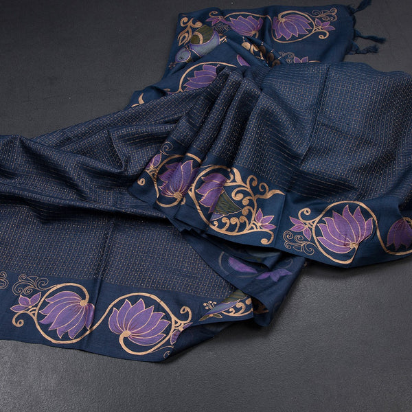 Pure Tussar Navy Blue Zari With Painting Work Saree