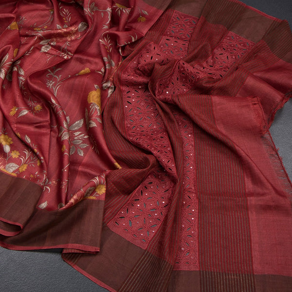 Pure Tussar Maroon Floral Printed Saree 03
