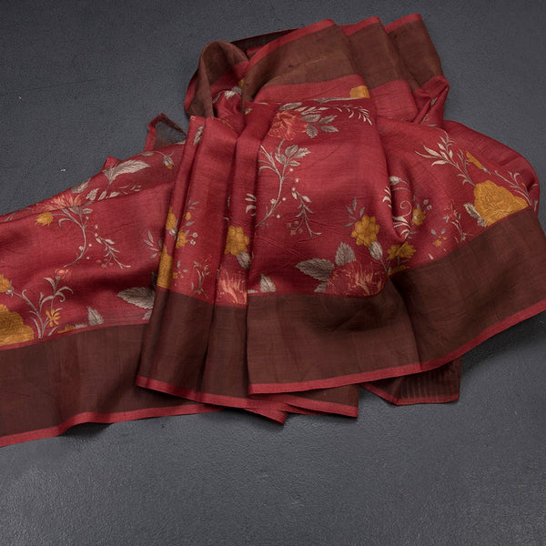 Pure Tussar Maroon Floral Printed Saree 03