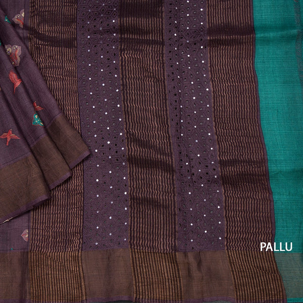 Pure Tussar Dark Purple Printed Saree