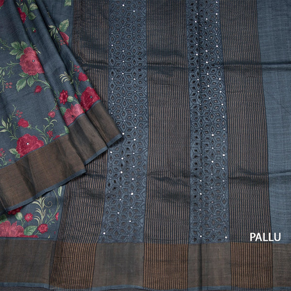 Pure Tussar Dark Grey Floral Printed Saree
