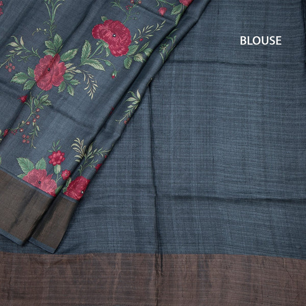 Pure Tussar Dark Grey Floral Printed Saree