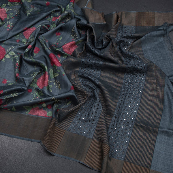Pure Tussar Dark Grey Floral Printed Saree