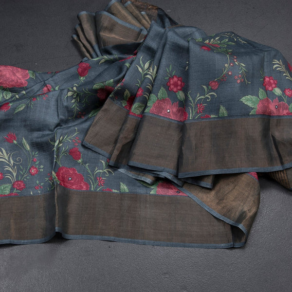 Pure Tussar Dark Grey Floral Printed Saree