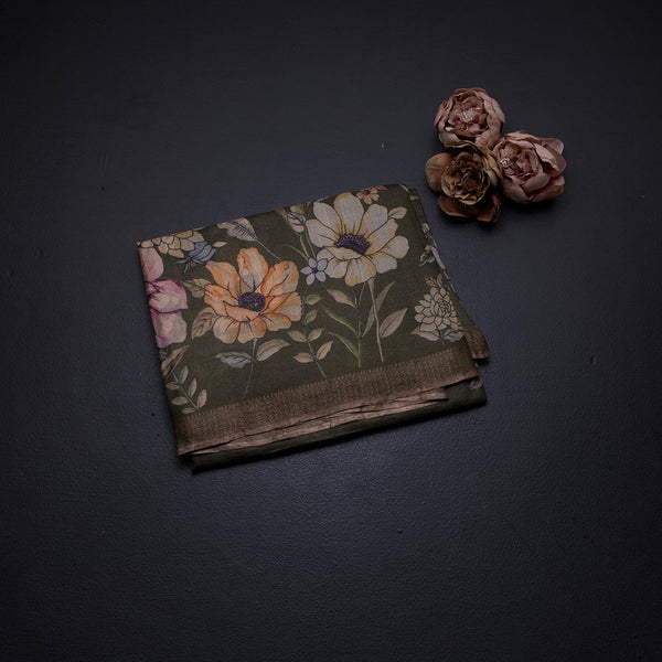 Pure Tussar Olive Green Floral Printed Saree With Zari Border