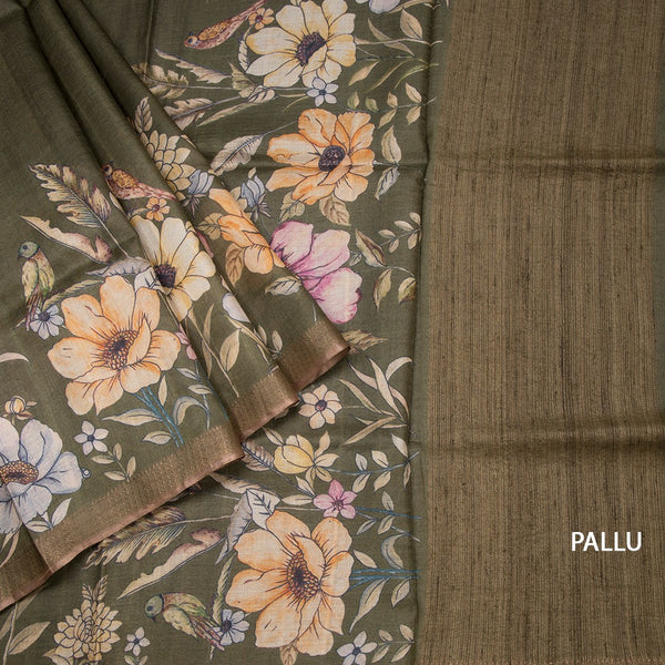 Pure Tussar Olive Green Floral Printed Saree With Zari Border
