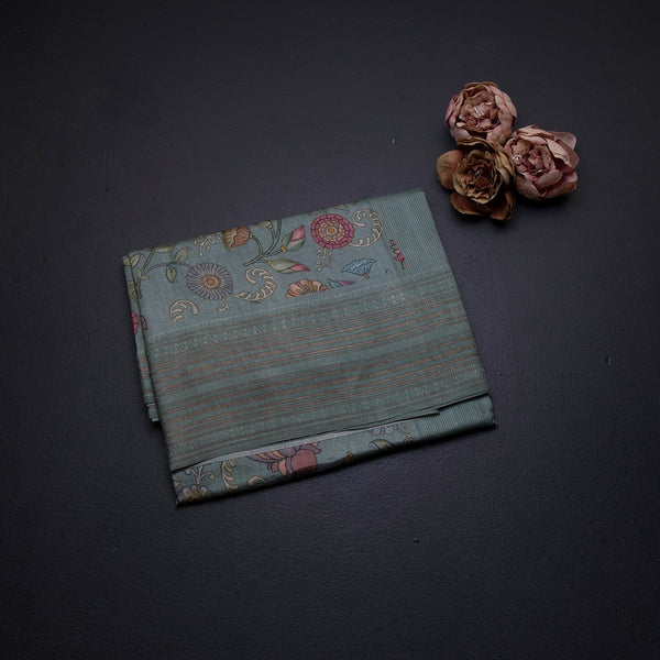Pure Tussar Sage Green Floral Printed Saree With Zari Border