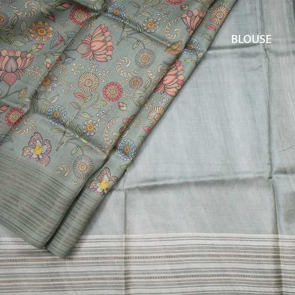 Pure Tussar Sage Green Floral Printed Saree With Zari Border