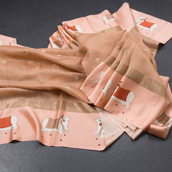 Pure Tussar Brownish Pink Saree With Zari Buttas And Printed Border