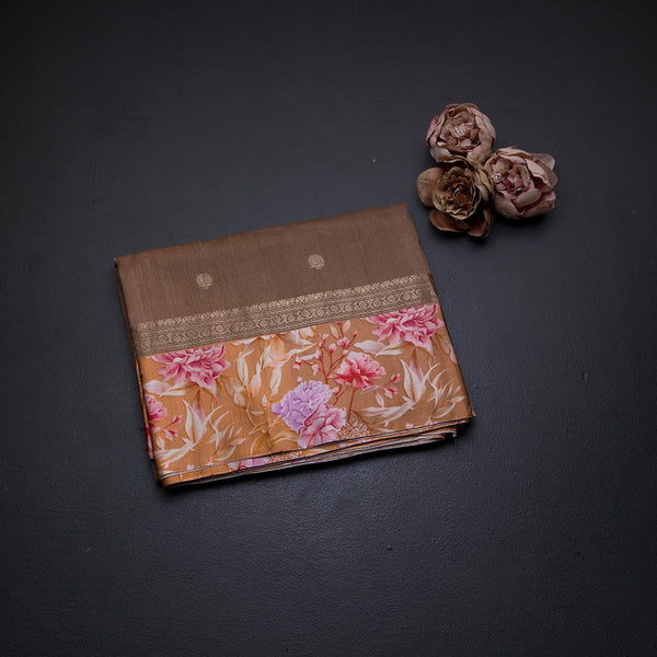 Pure Tussar Coffee Brown Saree With Zari Buttas And Printed Border