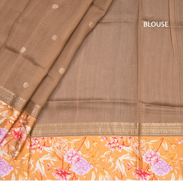 Pure Tussar Coffee Brown Saree With Zari Buttas And Printed Border
