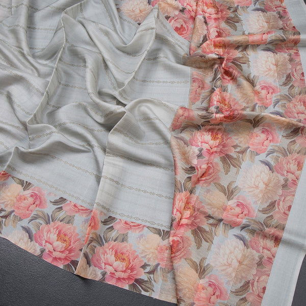 Pure Tussar Grey Zari Worked Saree With Printed Border