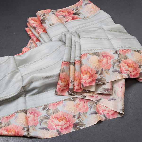 Pure Tussar Grey Zari Worked Saree With Printed Border