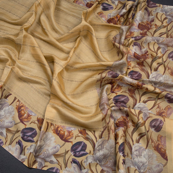 Pure Tussar Sandal Zari Worked Saree With Printed Border