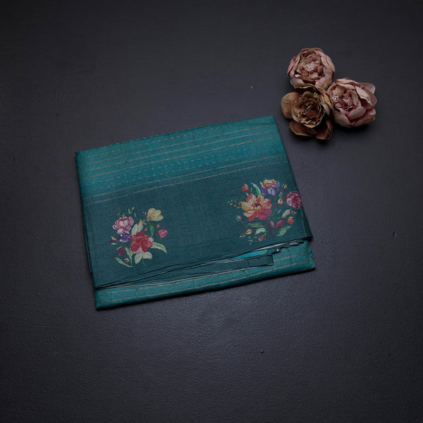 Pure Tussar Peacock Green Zari Worked Saree With Printed Border