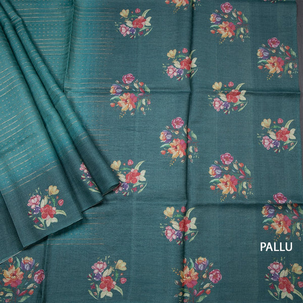 Pure Tussar Peacock Green Zari Worked Saree With Printed Border