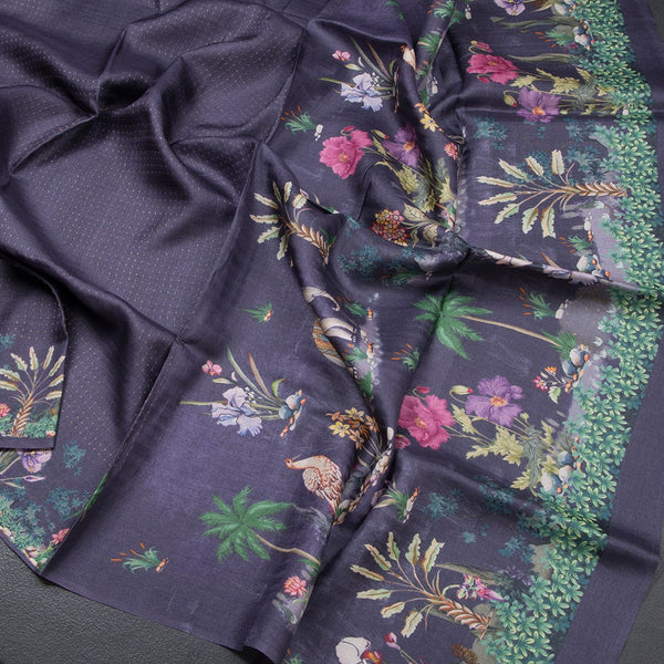 Pure Tussar Dark Purple Zari Worked Saree With Printed Border