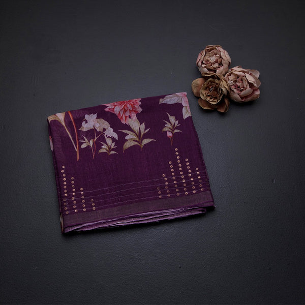 Linen Dark Purple Floral Printed saree