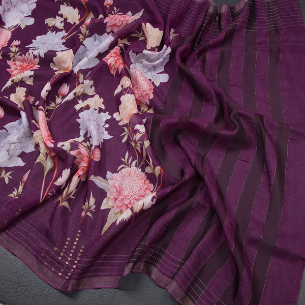 Linen Dark Purple Floral Printed saree
