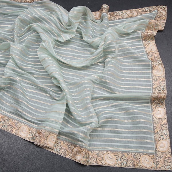 Organza Light Green Zari Stripes Saree With Thread Border