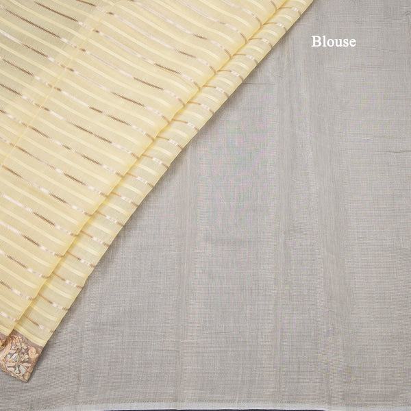 Organza Light Yellow Zari Stripes Saree With Thread Border