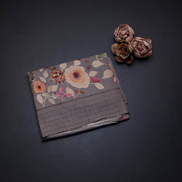 Pure Tussar Grey Floral Printed Saree With Zari Checks Border 02