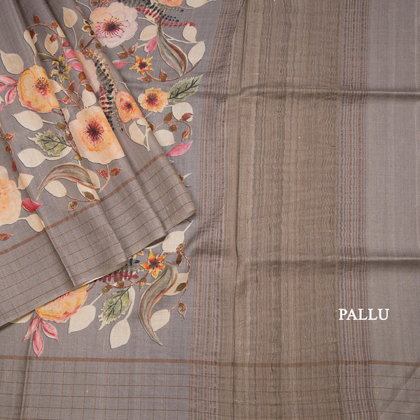Pure Tussar Grey Floral Printed Saree With Zari Checks Border 02