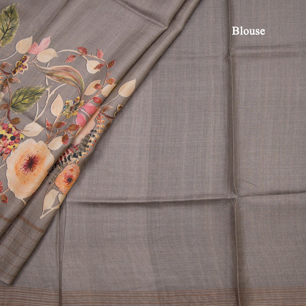 Pure Tussar Grey Floral Printed Saree With Zari Checks Border 02