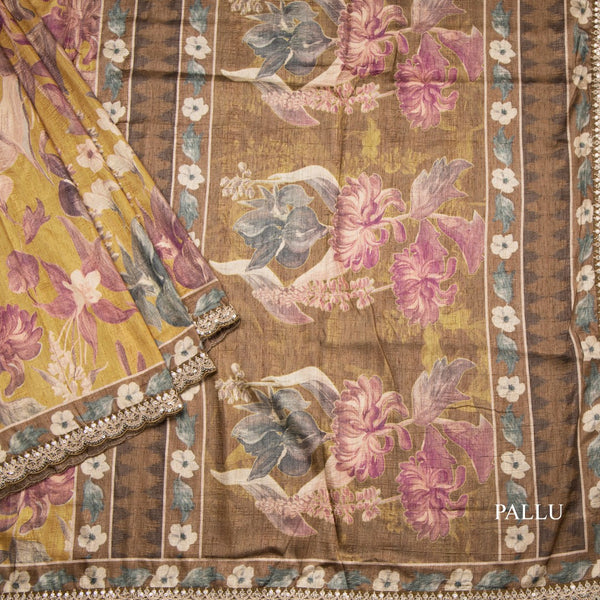 Raw Silk Mustard Yellow Floral Printed Saree And Zari With Chamki Border