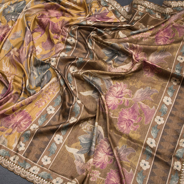 Raw Silk Mustard Yellow Floral Printed Saree And Zari With Chamki Border