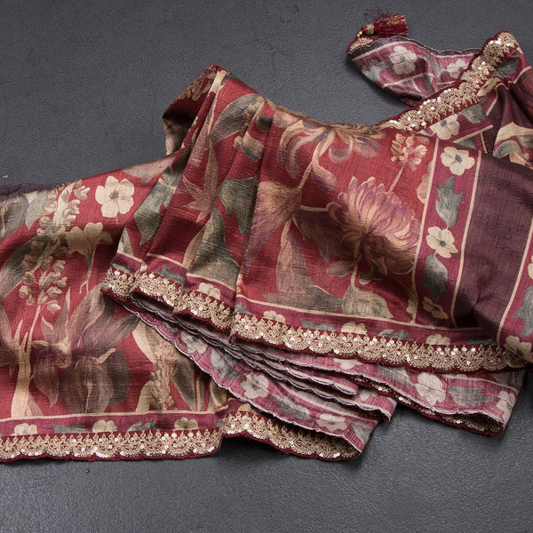 Raw Silk Maroon Floral Printed Saree And Zari With Chamki Border