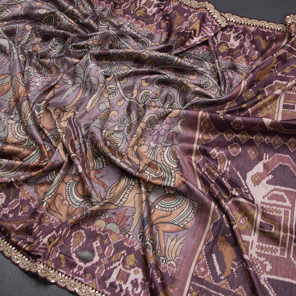 Raw Silk Plum Purple Kalamkari Printed Saree And Zari With Chamki Border