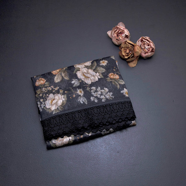 Linen Black Floral Printed Saree With Cut Work Border