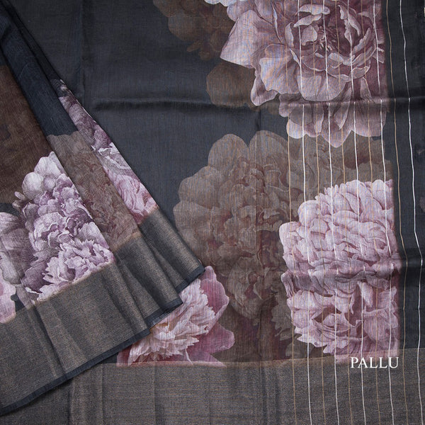Linen Black Floral Printed Saree With Zari Border